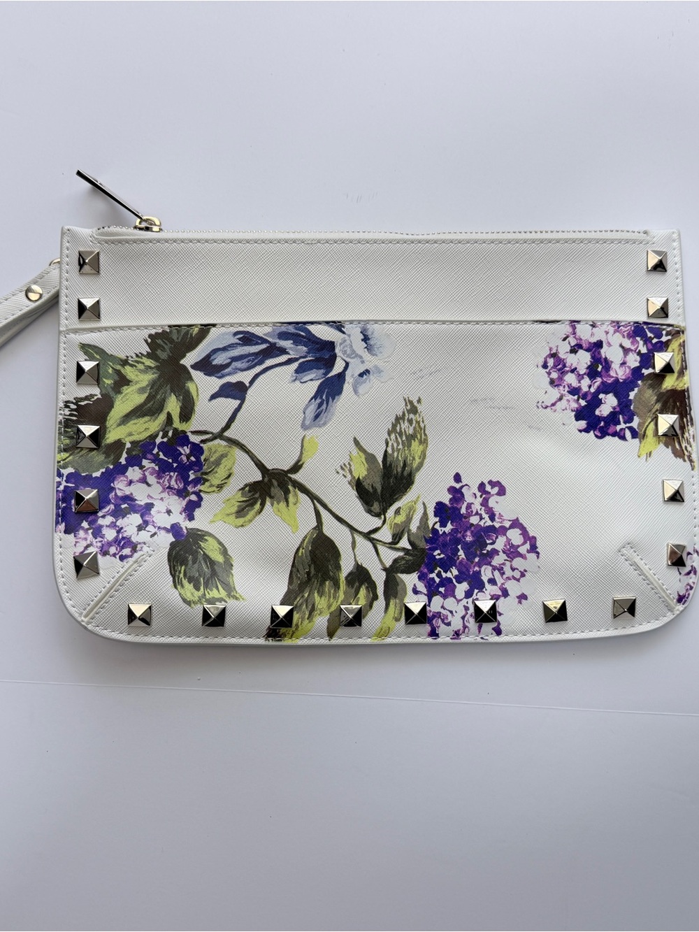 White House Black Market Floral Studded Wristlet Clutch White Purple Zip Pouch - Picture 1 of 7